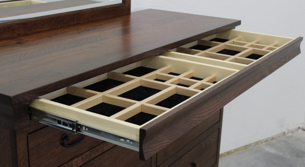 Rustic QSWO Hidden Jewelry Drawer in Dresser, , a common piece among Amish Solid Hardwood Furniture options.